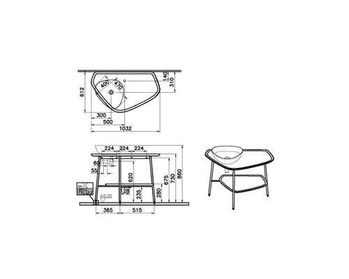 Technische Zeichnung eines Waschtischs mit Abmessungen