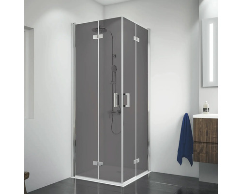 Eckeinsteig Drehfalttür Breuer Panorama 90x90 cm Dekor Grau Profilfarbe chrom Eckdusche mit Grautönung in einem Badezimmer