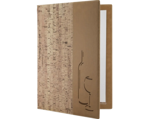 Speisekarte mit Korkstruktur und Flaschenglas-Motiv