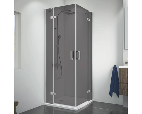 Eckdusche mit grauen Glaswänden und Armaturen im Badezimmer