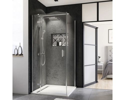 Seitenwand für Drehtür Breuer Panorama 80 cm Klarglas Profilfarbe chrom Begehbare Dusche mit Kopfbrause, Handbrause und Ablagefach im modernen Badezimmer.