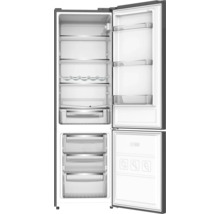 Geöffneter Kühlschrank mit Regalen und Schubladen