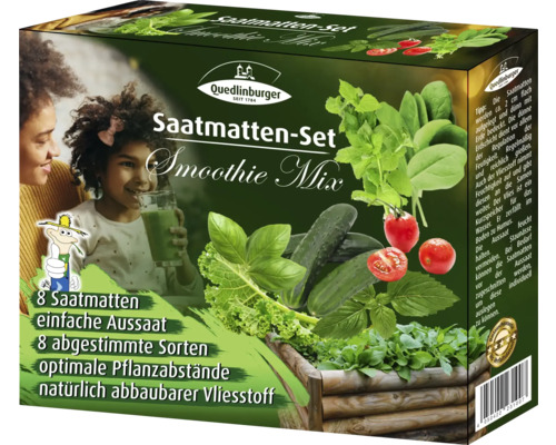 Saatmatten Set Smoothie Mix mit Basilikum Grünkohl Spinat Salatgurke Pfefferminze Tomate Quedlinburger Gemüsesamen Kräutersamen