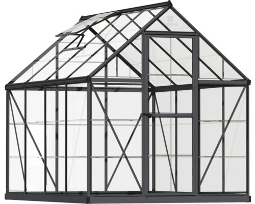 Gewächshaus mit Stahlrahmen, Glaspaneelen und Regalen