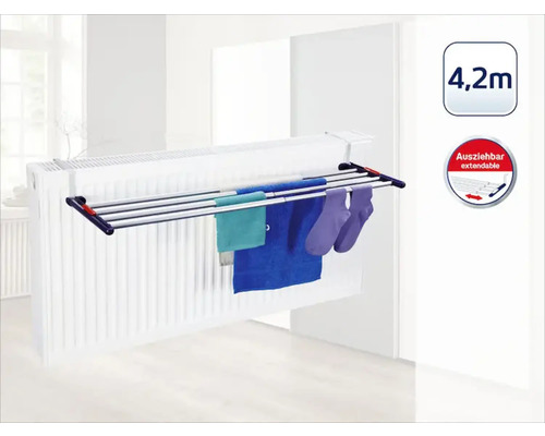 Wäscheständer zur Montage an einem Heizkörper mit einer Trockenlänge von 4,2 Metern.