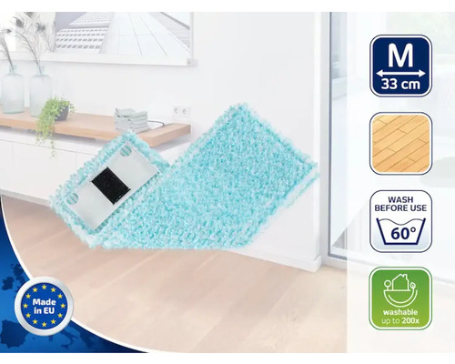 Wischbezug mit den Maßen 33 cm, geeignet für die Reinigung von Holzböden, waschbar bei 60 Grad und bis zu 200 Mal wiederverwendbar, hergestellt in der EU.