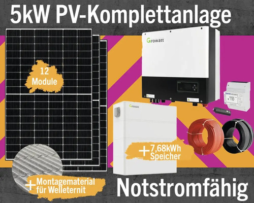 PV-Komplettanlage mit Speicher 7,68 kW notstromfähig 5 kWp inkl. Hybrid-Wechselrichter + Zubehör für Welleternit Anzahl Module 12 Stück