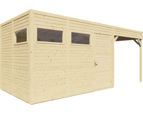 Holzgartenhaus mit Fenstern, Tür und Überdachung