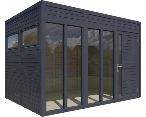 Modernes Gartenhaus mit Fenstern und Tür.