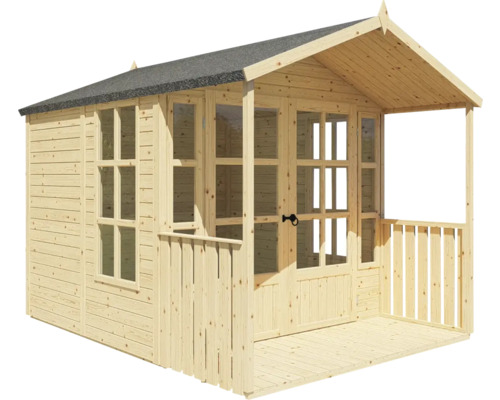 Holzgartenhaus mit Fenstern, Tür und Veranda