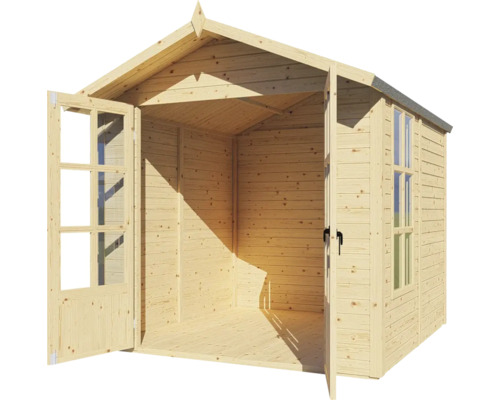 Gartenhaus aus Holz mit geöffneten Doppeltüren