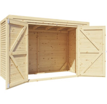 Geöffneter Holzgeräteschuppen für den Garten.