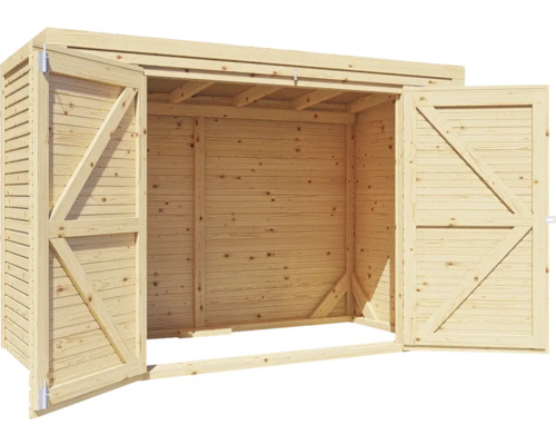 Geöffneter Holzgeräteschuppen für den Garten.