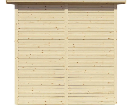 Holzfassade aus horizontalen Brettern für ein Gartenhaus