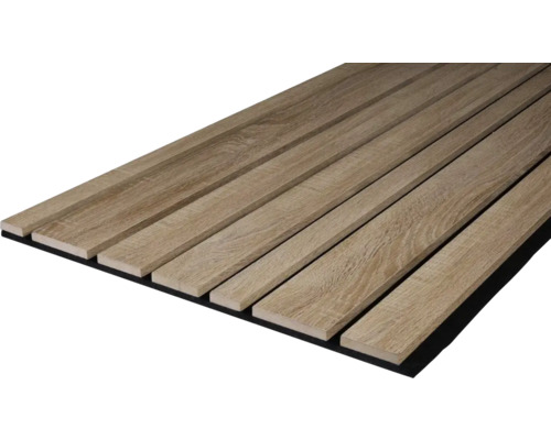 Akustikpaneel Andorra Eiche Natur Dekor 2400 x 561 x 19 mm Holzpaneel mit Lattenstruktur auf schwarzem Untergrund
