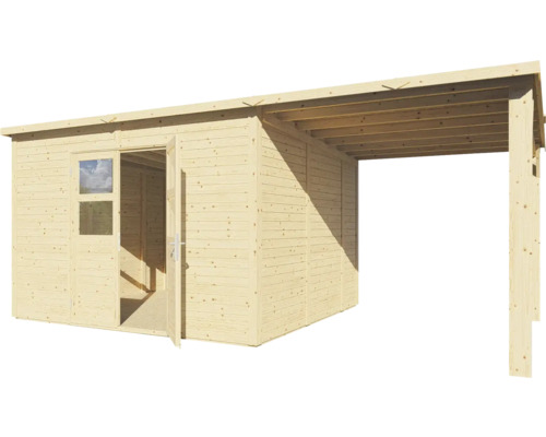 Holzgartenhaus mit Vordach und geöffneter Doppeltür.