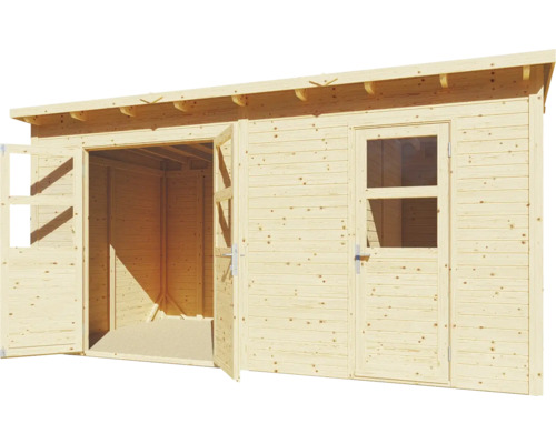 Holzgartenhaus mit offener Doppeltür und einer Tür mit Fenster