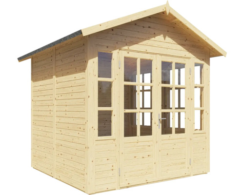 Gartenhaus aus Holz mit Fenstern und Doppeltür