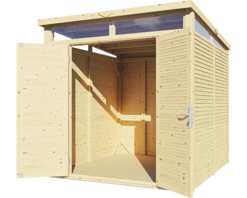 Holzgartenhaus mit geöffneten Doppeltüren und Fenstern im Dachbereich.