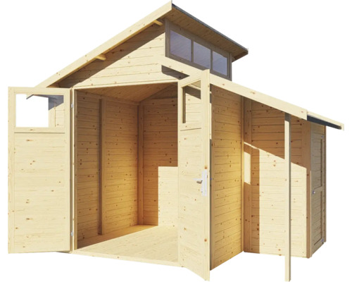 Gartenhaus aus Holz mit geöffneten Türen