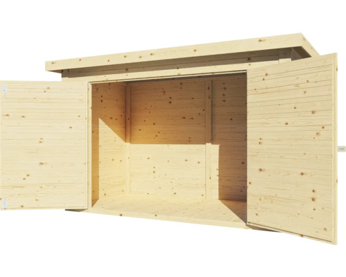 Holzgartenhaus mit geöffneten Türen