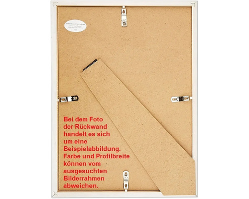 Rückseite eines Bilderrahmens mit Aufhängern und Ständer