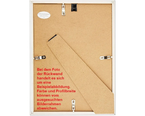 Rückseite eines Bilderrahmens mit Aufhängern und Ständer