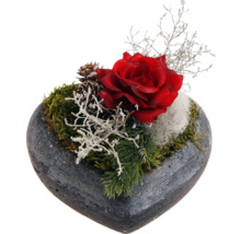 Herzförmiges Gesteck mit Rose, Zapfen und Moos