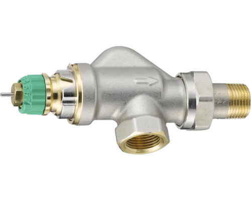 Thermostatventil aus Metall mit Durchflussrichtungspfeil