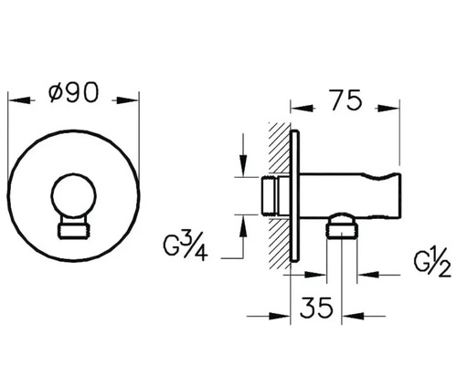 Technische Zeichnung einer Wasserarmatur mit Maßangaben