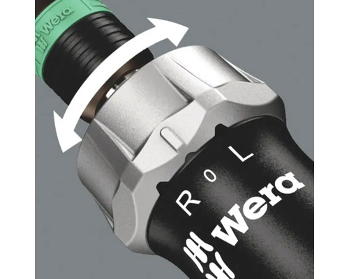 Detailaufnahme eines Wera Schraubendrehers mit Umschalthebel und Drehrichtungspfeil
