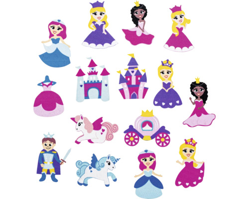 Illustration mit Märchenmotiven wie Prinzessinnen, Burgen, Einhorn, Prinz und Kutsche