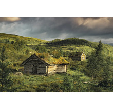 Landschaft mit zwei Holzhütten mit Grasdächern auf einem Hügel