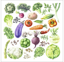 Illustration verschiedener Gemüsesorten, darunter Artischocke, Grünkohl und Brokkoli