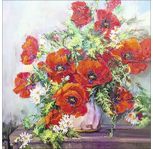 Gemälde mit roten Mohnblumen und weißen Gänseblümchen in einer Vase