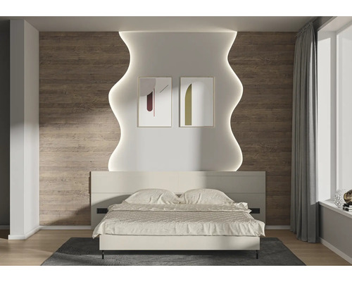 Modernes Schlafzimmer mit Bett, abstrakten Bildern und indirekter Beleuchtung