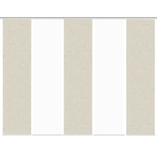 Schiebegardine mit mehreren Paneelen aus Stoff und transparenten Stoffbahnen.