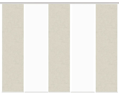 Schiebegardine mit mehreren Paneelen aus Stoff und transparenten Stoffbahnen.