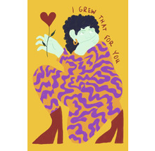 Illustration einer Person mit einer Blume in Herzform und dem Text Ich habe das für dich angebaut