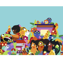 Illustration mit Menschen und Tieren in einer farbenfrohen Szene