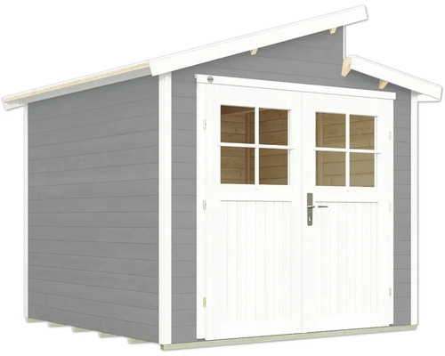 Graues Gartenhaus mit Doppeltür und Fenster
