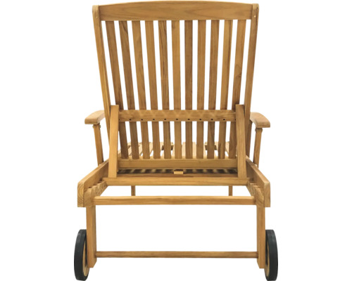 Rückansicht einer Holzliege mit Armlehnen und Rädern