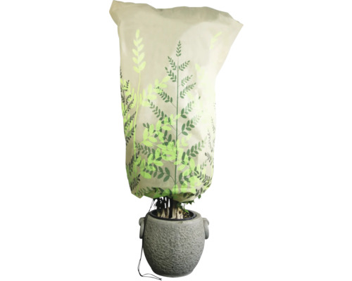 Winterschutz Videx Mega Vlieshaube 'Farn' H180xB120 beige/gr Pflanzenschutzsack über einer Pflanze in einem Topf mit Blattmuster
