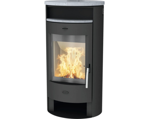 Kaminofen mit Glasfenster und Steinplatte