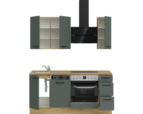 Küchenzeile mit Spüle, Herd, Backofen, Dunstabzugshaube und Hängeschränken