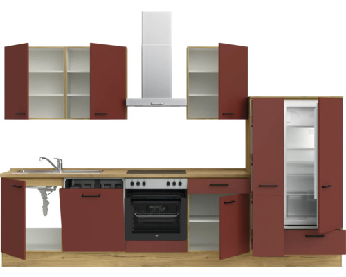 Komplette Küche mit Spüle, Geschirrspüler, Herd, Dunstabzugshaube, Hängeschränken und Kühlschrank