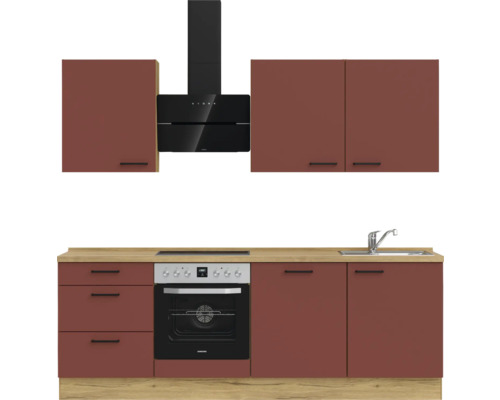 Küchenzeile mit Hängeschränken, Dunstabzugshaube, Spüle und Elektroherd