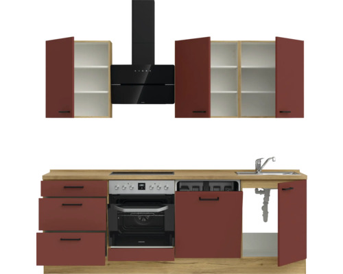 Küchenzeile mit Hängeschränken, Dunstabzugshaube, Spüle und Einbaugeräten