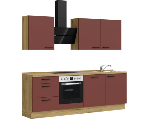 Küchenzeile mit Hängeschränken, Dunstabzugshaube, Spüle und Elektroherd