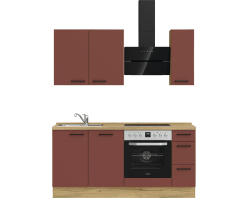 Komplette Küchenzeile mit Spüle, Herd, Dunstabzugshaube und Schränken